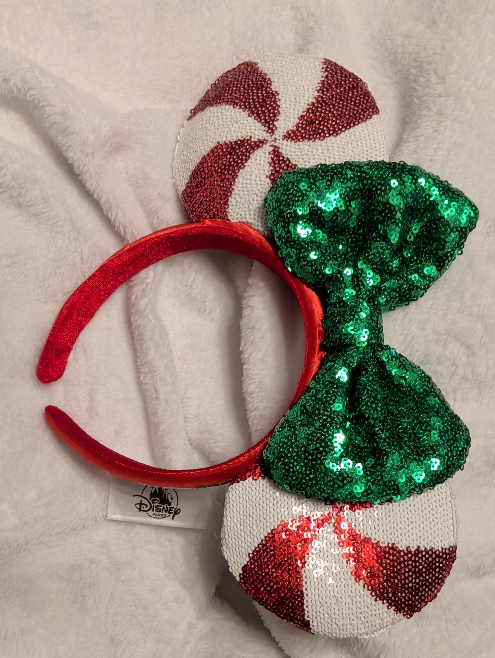 Disney Red, White & Green Sequin Peppermint Minnie Ears Headband